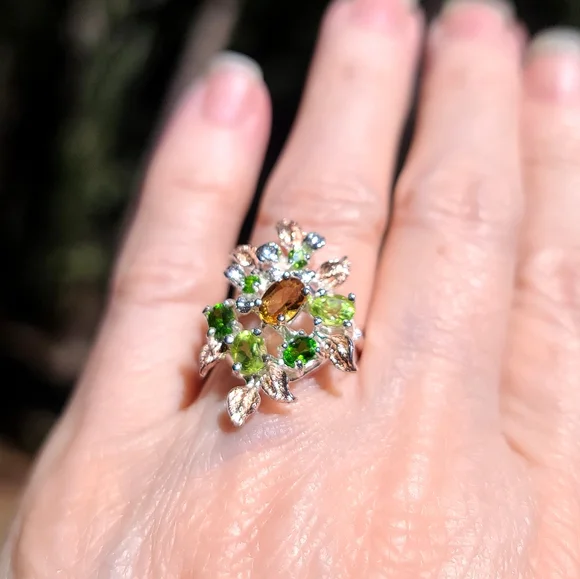 Citrine Peridot & Chrome Diopside floral sterling ring sz6.5 - Picture 8 of 8